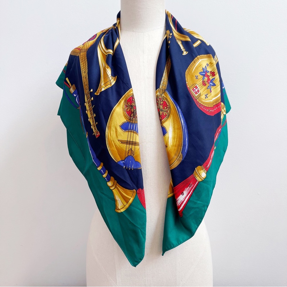 Vintage Green Brown Musical Instrument Square Scarf 34” Made in Italy Polyester - Picture 2 of 11